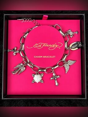 Ed Hardy Silver Charm Bracelet with Crystal Star and Cross Charms